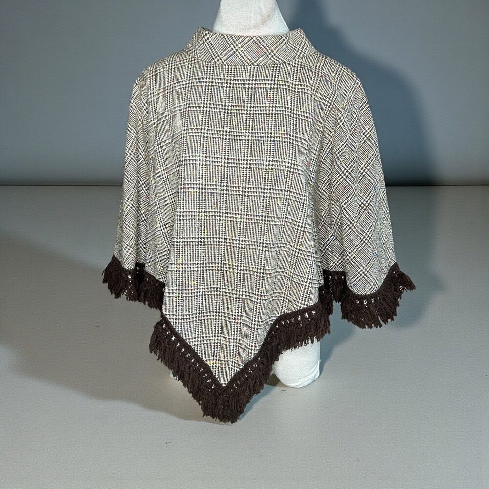 Vintage 60s Handmade Poncho Brown Glen Plaid With Fringe